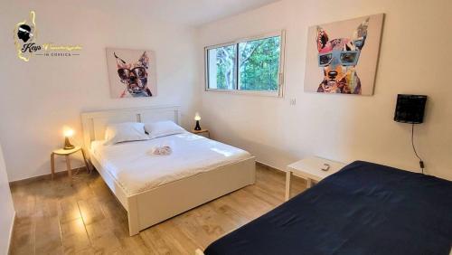 une chambre avec deux lits et deux fenêtres dans l'établissement Casa Chjara, à Zonza