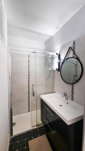 une salle de bain avec une douche, un lavabo et un miroir dans l'établissement Charmant 2 pièces proche plages parking priver, à Cagnes-sur-Mer