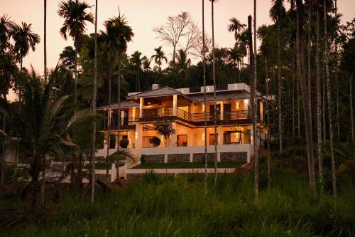 a house in the middle of a forest with palm trees at The Calm County Homestay in Mānantoddy