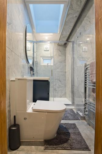 a bathroom with a white toilet and a shower at Newly refurbished house in Romford