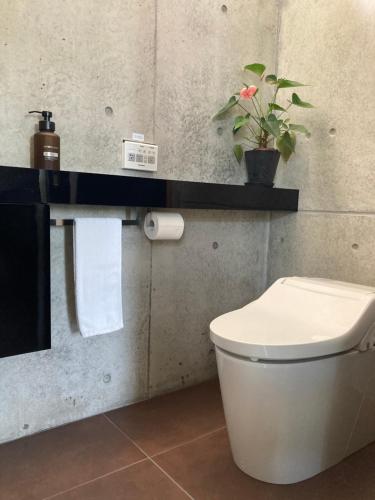 a bathroom with a toilet and a counter with a plant at G.bouquet in Nakijin