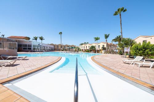une grande piscine avec chaises et palmiers dans l'établissement Maspalomas Green Club, à Maspalomas