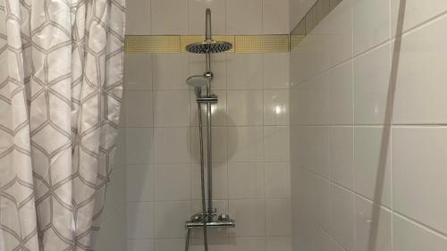 La salle de bains est pourvue d'une douche avec rideau de douche. dans l'établissement L'Appartement d'Egard 8 personnes Normandie, à Tamerville