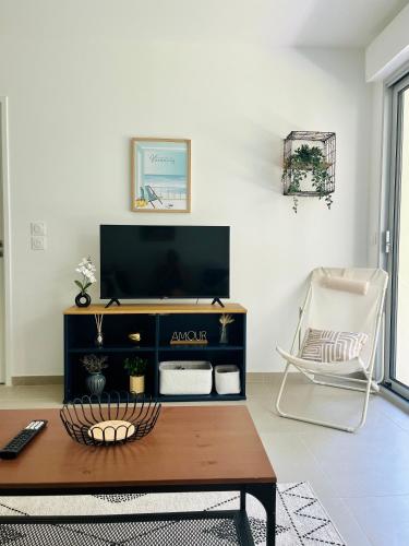 un salon avec une télévision et une table basse dans l'établissement Appartement 2 pièces Résidence avec Piscine, à Villeneuve-Loubet