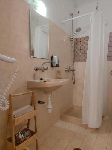 un baño con lavabo y ducha en Amalia Apartment, en Perítheia