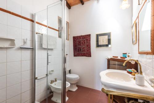 a bathroom with a toilet and a sink and a shower at Casa Rosa a Murlo in Murlo