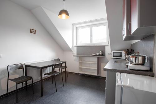 a kitchen with a table and chairs in a room at Amenity Apartmány Perná in Perná