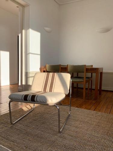 une chaise assise sur un tapis dans le salon dans l'établissement Appartement spacieux et lumineux Place Delille, à Clermont-Ferrand
