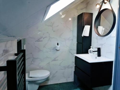 a bathroom with a toilet and a sink and a mirror at Belle maison conviviale in Coulommiers