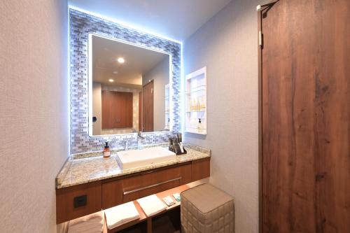 a bathroom with a sink and a mirror at Hotel Victoria Court Aasahikawa-Adult Only in Asahikawa