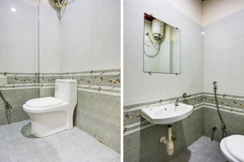 two pictures of a bathroom with a toilet and a sink at Hotel O Shree Palace in Udaipur