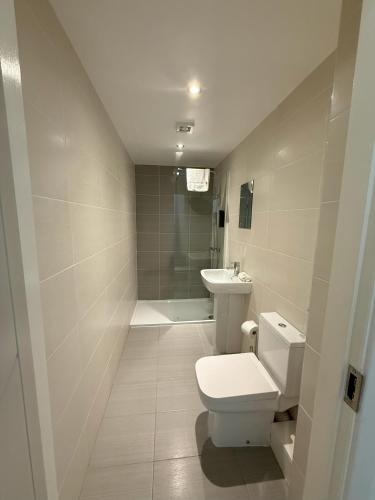a bathroom with a toilet and a sink at Coastal Plaza in Blackpool