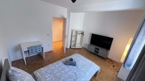 a living room with a table and a tv at Apartmenthaus Somborn in Bochum