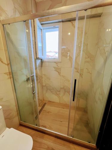 a shower in a bathroom with a toilet and a window at Ble Studios in Nikiti