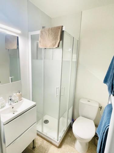 une salle de bain avec une douche, des toilettes et un lavabo dans l'établissement Le Lavandin, à Sanary-sur-Mer