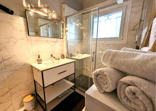une salle de bain avec une douche, un lavabo et un miroir dans l'établissement Maison Myarka, à Labenne