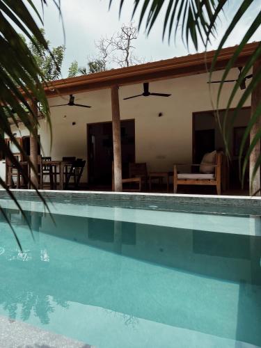 a swimming pool in front of a house at Ceylon Sliders in Weligama