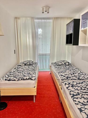 two beds in a room with a red carpet at Apartament Okuninka DINA20 in Okuninka
