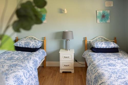 a bedroom with two beds and a night stand at Loch View House in Loch Gowna in Lough Gowna