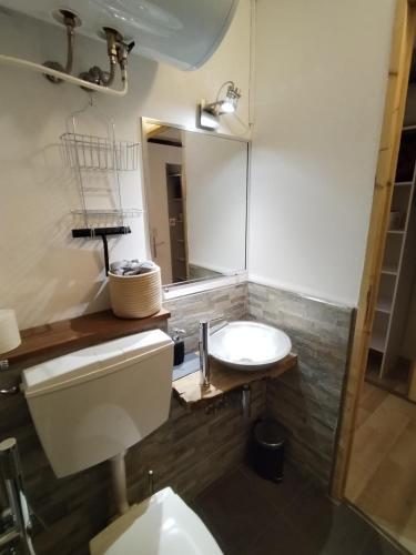 une salle de bain avec toilettes, lavabo et miroir dans l'établissement A cocoon in Les 2 Alpes, à Les Deux Alpes