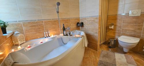 a bathroom with a bath tub and a toilet at Apartment Beauty Tatry with a view of the mountains in Nová Lesná