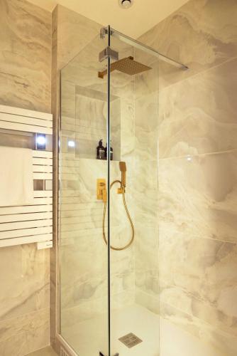 une douche avec une porte vitrée dans une salle de bain dans l'établissement Elegant apartment - 2BR- 6P- Gare Saint Lazare, à Paris
