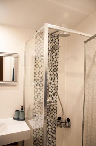 a bathroom with a shower with a glass door at Chalet Klein Geluk in Lanaken