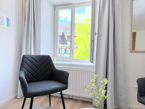 a living room with a chair and a window at Linzgau in Sipplingen