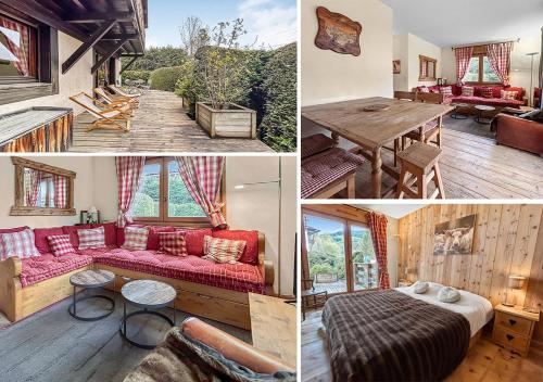 un collage de quatre photos d'un salon dans l'établissement Appartement cosy T3 avec Terrasse, Jardin & Garage, à Megève
