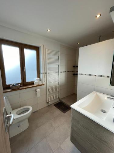 a bathroom with a toilet and a sink at Ferienwohnung AusZeit 1 in Ainring