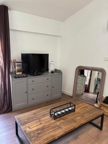 a living room with a tv and a mirror at "Le Dix", emplacement exceptionnel, parking inclus in Montauban
