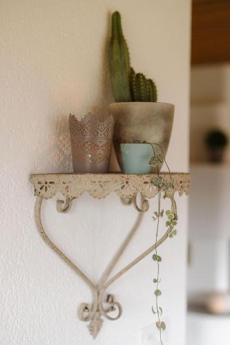 a shelf with three pots and a plant on it at Alba in Frutigen