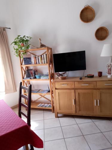 a living room with a television and a book shelf at Il Pesco - CIR 0024 in Nus