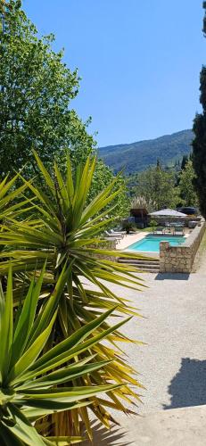 un groupe de plantes à côté d'une piscine dans l'établissement Le Domaine de la Feuilleraie, à Coaraze