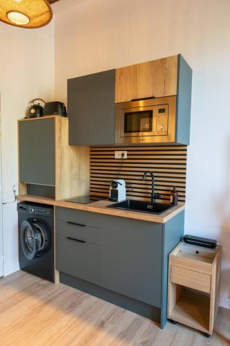 une cuisine avec un évier et un micro-ondes dans l'établissement Lassagne - 1, à Lyon