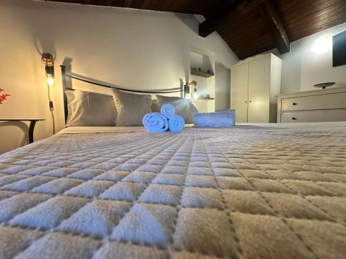 a bedroom with a large bed with blue pillows at La Maisonette di Paestum - Vicino ai Templi & Wi-Fi gratuito in Paestum