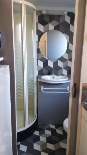 a bathroom with a toilet and a sink and a mirror at CHALET Les ALGUES in Plobannalec-Lesconil