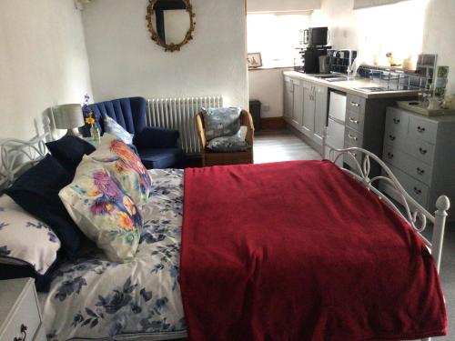 a living room with a couch with a red blanket at Poplar Farm in Wedmore