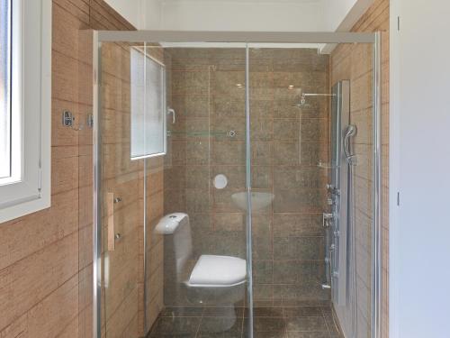 a bathroom with a glass shower with a toilet at Olivia Sports and Sea in Pteleós