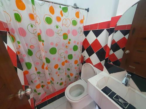 a bathroom with a toilet and a shower curtain at Koi Empire Bed and Breakfast in Santa Rosa