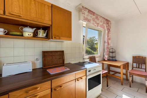 a kitchen with wooden cabinets and a counter top at Ferienwohnung Oberamsel in Marburg an der Lahn