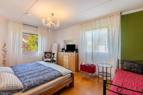 a bedroom with a bed and a tv and a window at Ferienwohnung Oberamsel in Marburg an der Lahn