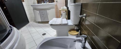 a small bathroom with a toilet and a sink at Eye Luxury Penthouse in Sarandë