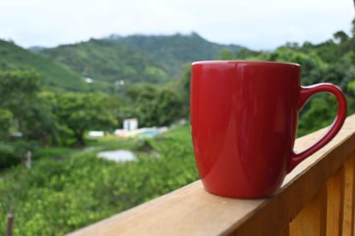 a red coffee cup sitting on a wooden rail at Cabaña con vistas a la montaña in Cachipay