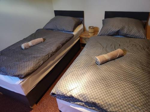 two beds sitting next to each other in a room at Váralja Vendégház Tata in Tata