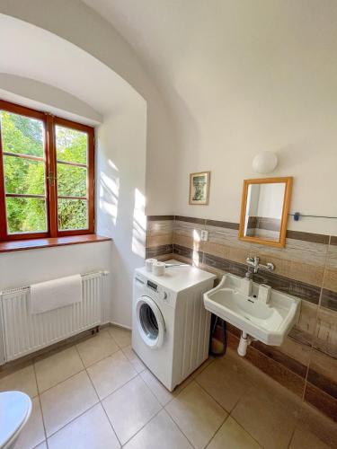 a bathroom with a washing machine and a sink at Boreč, Velemín in Velemín