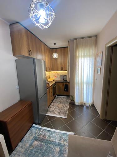 シェンジンにあるNeo Apartmentのキッチン(木製キャビネット、冷蔵庫付)