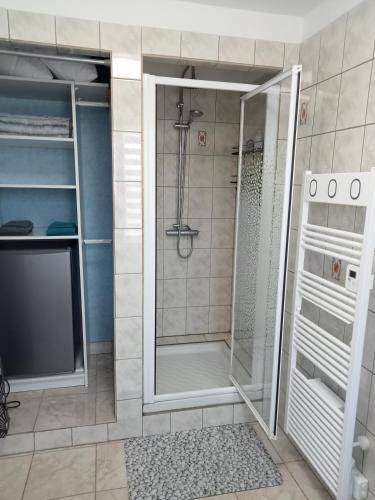 une douche avec une porte vitrée dans une salle de bain dans l'établissement Le jardin d'Orion, à Verdun-sur-Meuse
