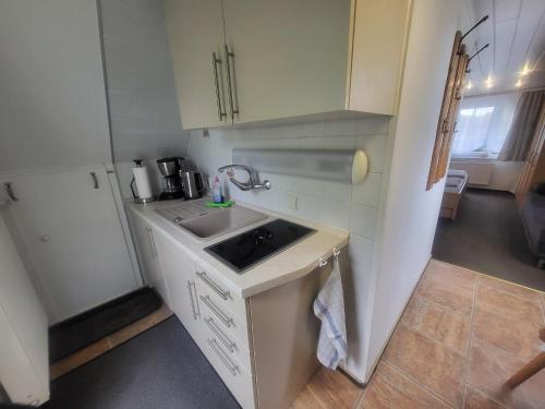 a small kitchen with a sink and a counter at Kleiner Leuchtturm Kühlungsborn in Kühlungsborn