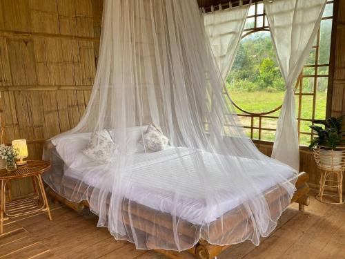 a bed in a room with a mosquito net at zen mountain farmstay in Mae Wang